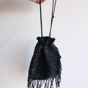 Vintage 1920s 1930s Purse / Blue Beaded Flapper Reticule Evening Bag Fringe